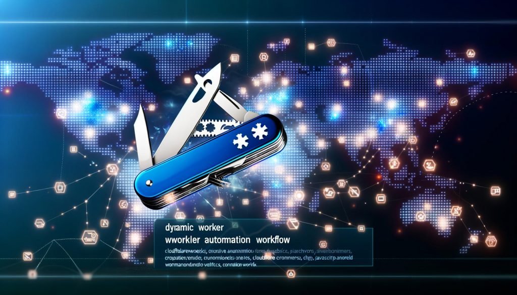 Schweizer Taschenmesser mit digitalen Werkzeugen schwebt in einer dunklen, futuristischen Techlandschaft, umgeben von Lichtblitzen und globalen Verbindungslinien. Im Vordergrund moderner Schriftzug 'Cloudflare Worker Workflow Automation Workflow'.