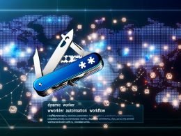 Schweizer Taschenmesser mit digitalen Werkzeugen schwebt in einer dunklen, futuristischen Techlandschaft, umgeben von Lichtblitzen und globalen Verbindungslinien. Im Vordergrund moderner Schriftzug 'Cloudflare Worker Workflow Automation Workflow'.