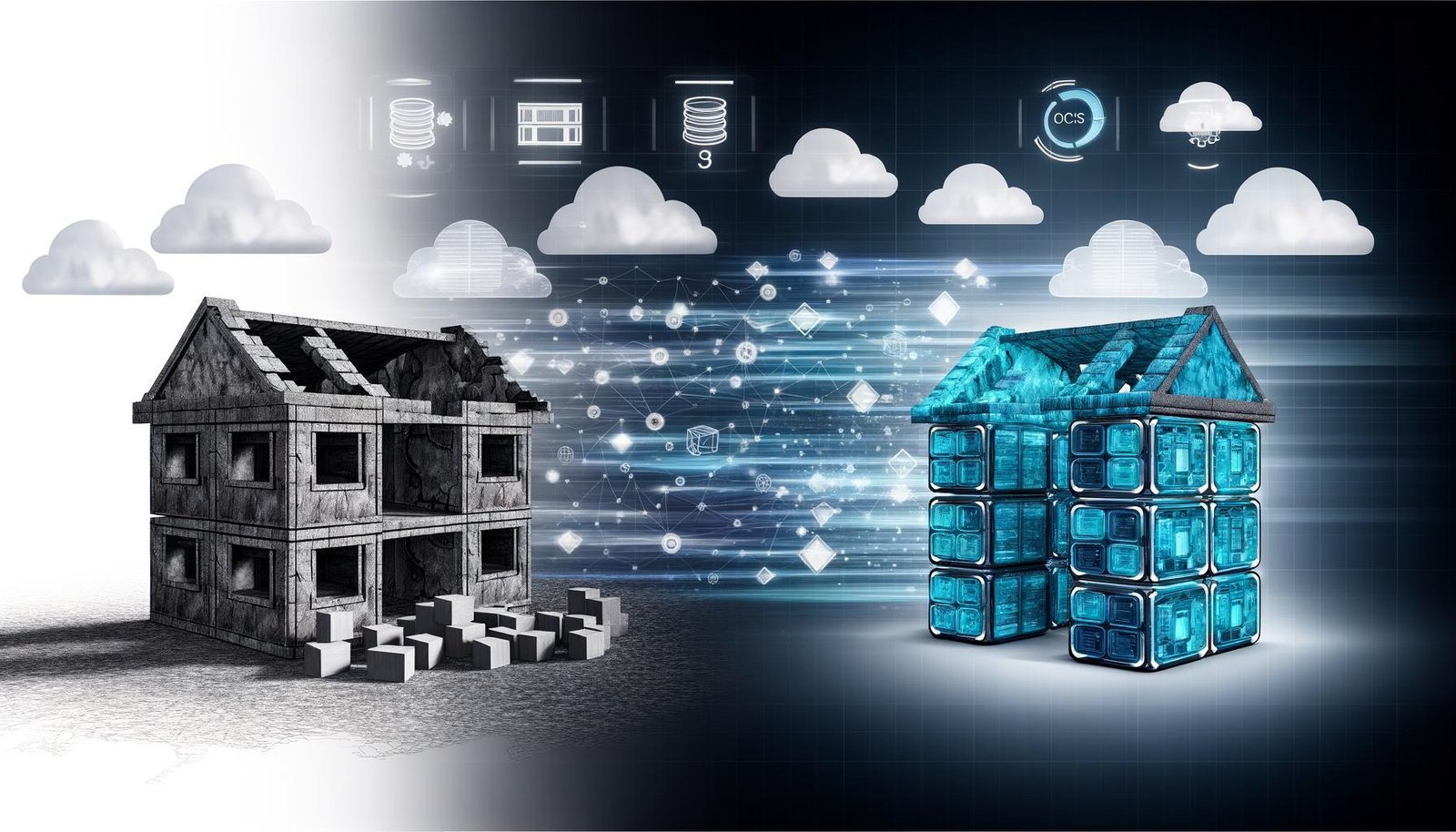 Eine graue, zerfallende Monolith-Website steht neben einer hellen, modular aufgebauten Cloud Native Webarchitektur mit transparenten Containern, APIs, Microservices und Cloud-Symbolen wie Docker und Kubernetes. Im Hintergrund fließen Datenströme, Symbole und Speed-Anzeigen für modernes digitales Marketing.