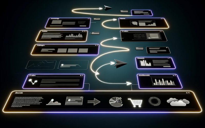 Illustration einer digitalen User Journey: Leuchtender Breadcrumb-Trail verbindet Landingpage, Kategorie, Produkt, Warenkorb, Checkout und Bestätigungsseite. 3D-Anordnung vor dunklem Hintergrund mit Analytik-Diagrammen und wichtigen Nutzerinteraktionspunkten.