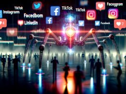 Illustration einer KI-Maschine im Tech-Magazin-Stil, die Social-Media-Datenströme mit Greifarmen sammelt, umgeben von Marketer-Silhouetten im digitalen Datennetz.