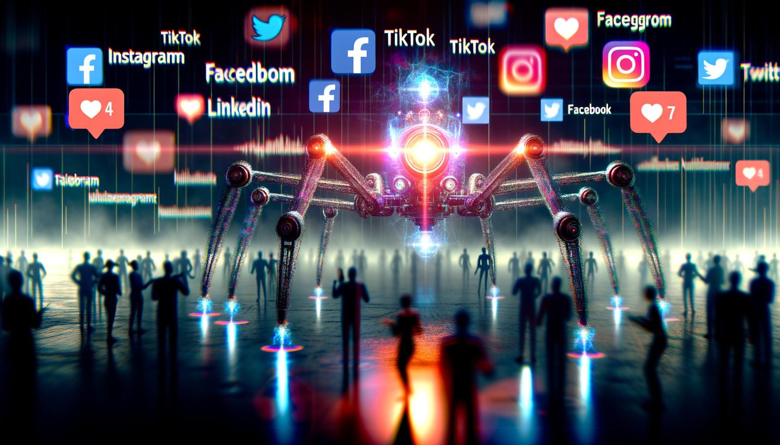 Illustration einer KI-Maschine im Tech-Magazin-Stil, die Social-Media-Datenströme mit Greifarmen sammelt, umgeben von Marketer-Silhouetten im digitalen Datennetz.