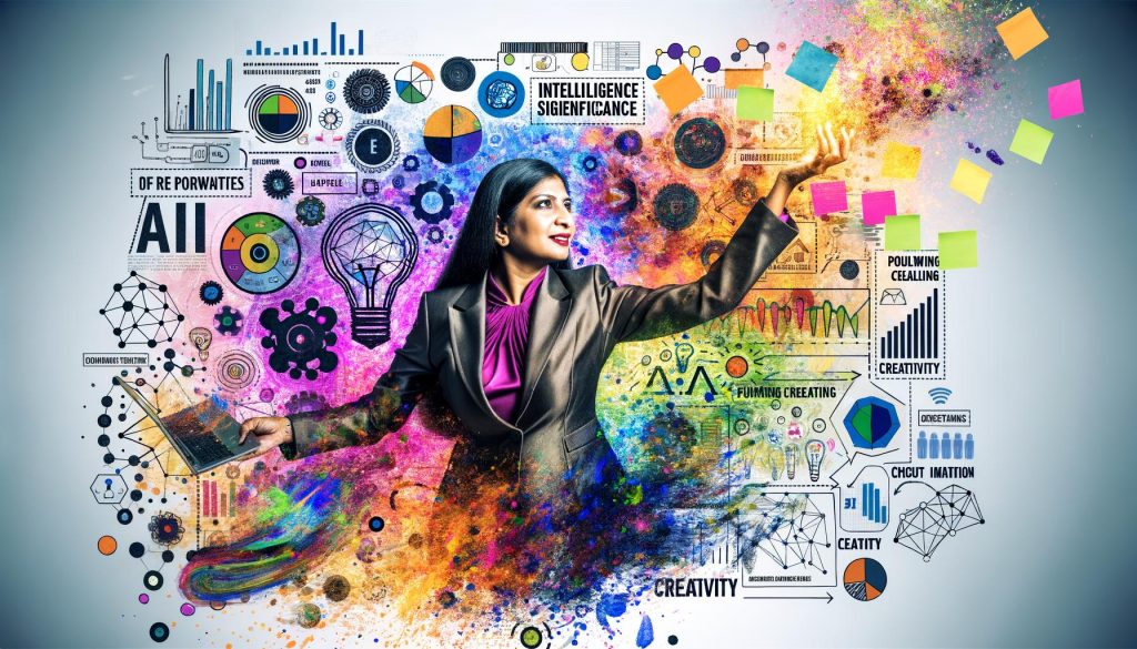 Abstrakte Collage mit einem Marketer im Anzug, der Daten, digitale Tools und Notizzettel jongliert, während um ihn bunte Buzzwords und neuronale Netzwerke wirbeln.