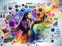 Abstrakte Collage mit einem Marketer im Anzug, der Daten, digitale Tools und Notizzettel jongliert, während um ihn bunte Buzzwords und neuronale Netzwerke wirbeln.