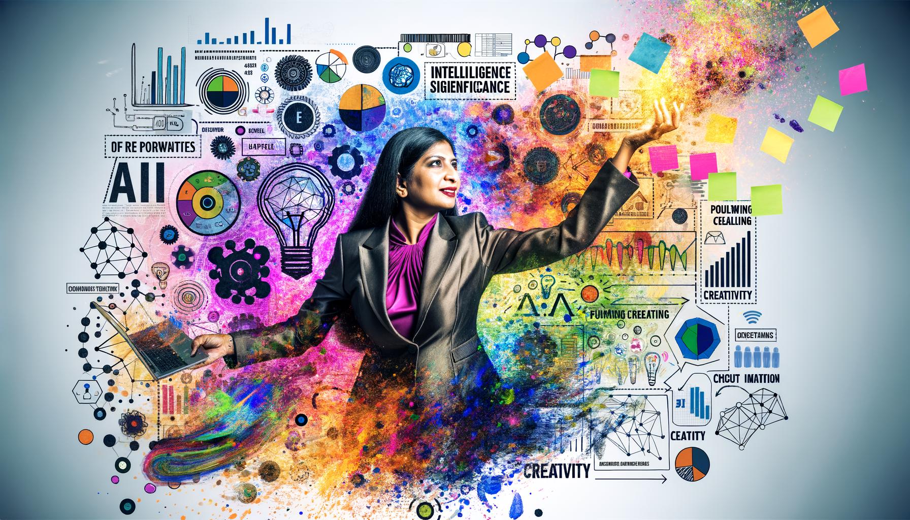 Abstrakte Collage mit einem Marketer im Anzug, der Daten, digitale Tools und Notizzettel jongliert, während um ihn bunte Buzzwords und neuronale Netzwerke wirbeln.