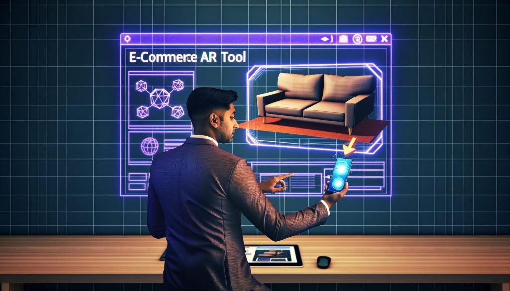 Person verwendet Smartphone, um ein 3D-Sofa per AR im Wohnzimmer anzuzeigen, Shopify-Produktvorschau läuft im Hintergrund auf einem Laptop.