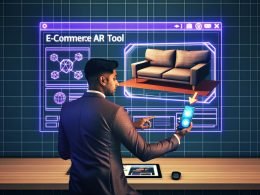 Person verwendet Smartphone, um ein 3D-Sofa per AR im Wohnzimmer anzuzeigen, Shopify-Produktvorschau läuft im Hintergrund auf einem Laptop.