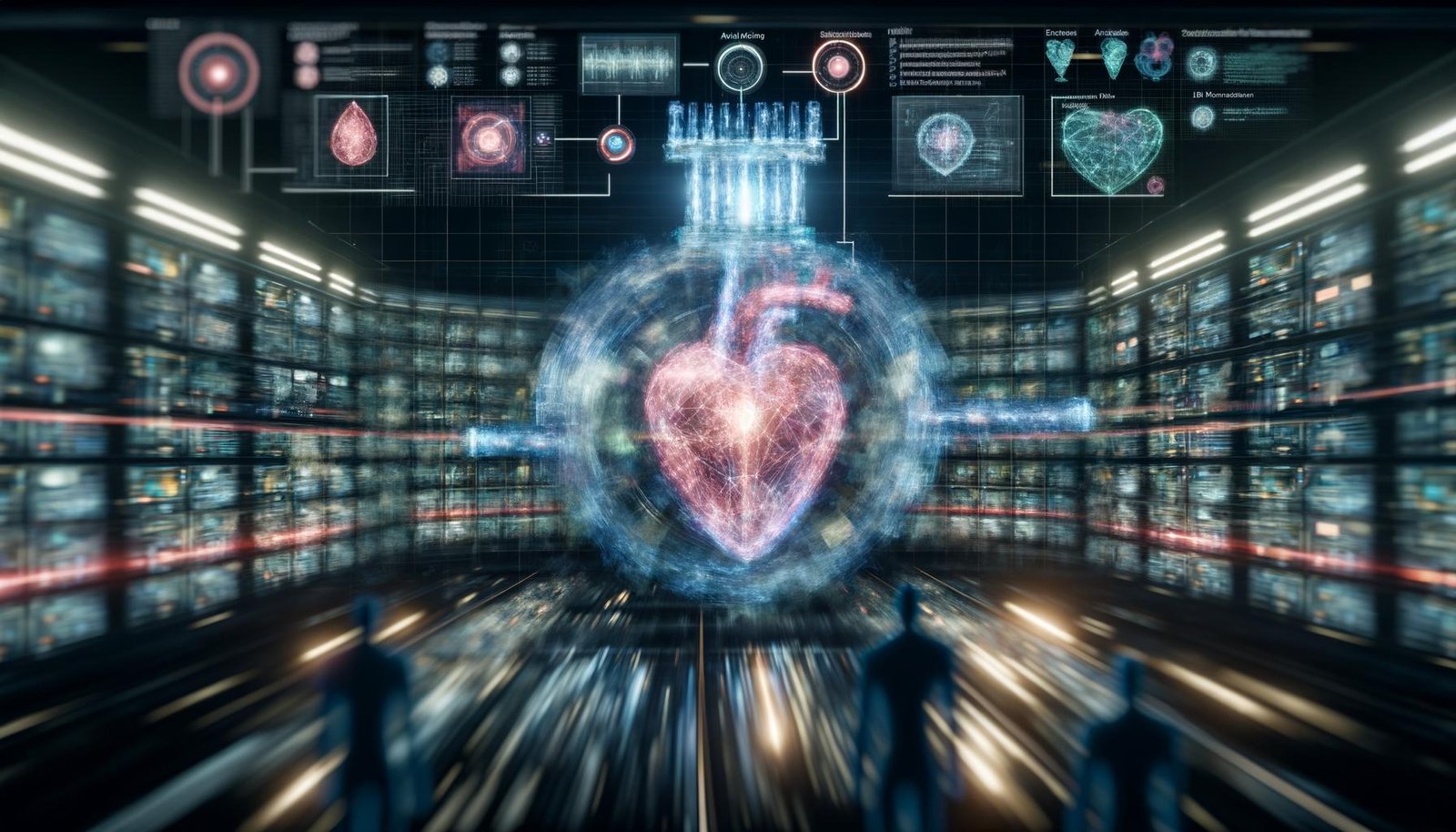 Futuristischer Maschinenraum mit transparentem Content-Engine-Herz, umgeben von Datenströmen, Monitoren, AI-generierten Texten und menschlichen Silhouetten, inspiriert von High-Tech-Ästhetik.