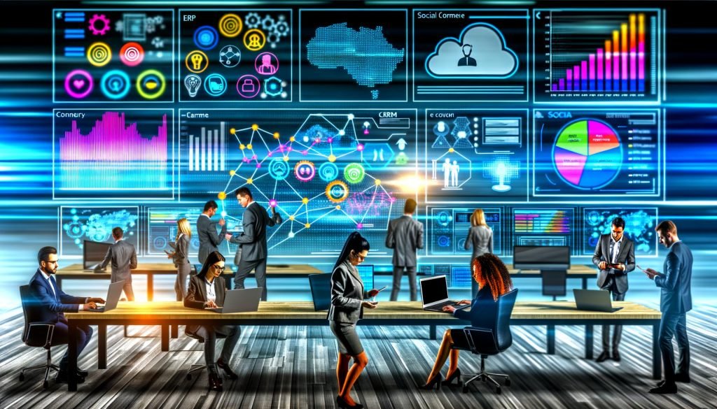 Futuristisches Büro mit großem digitalen Dashboard, KI-generierten Prognosen, dynamischen Trendkurven und vernetzten Datenquellen im modernen Hightech-Look