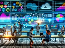 Futuristisches Büro mit großem digitalen Dashboard, KI-generierten Prognosen, dynamischen Trendkurven und vernetzten Datenquellen im modernen Hightech-Look