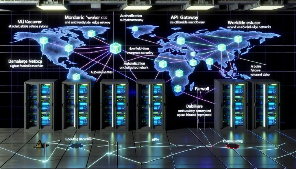 Futuristischer Serverraum mit leuchtenden Microservice-Knoten auf einer Weltkarte, verbunden durch digitale Netzwerklinien, im Hintergrund Sicherheitssymbole und Monitoring-Dashboards.
