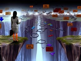 Geschäftsperson navigiert mit SEO-Planung eine digitale Klippe voller zerfallender Seiten und defekter SEO-Elemente hin zu einer stabilen, zukunftssicheren Website.