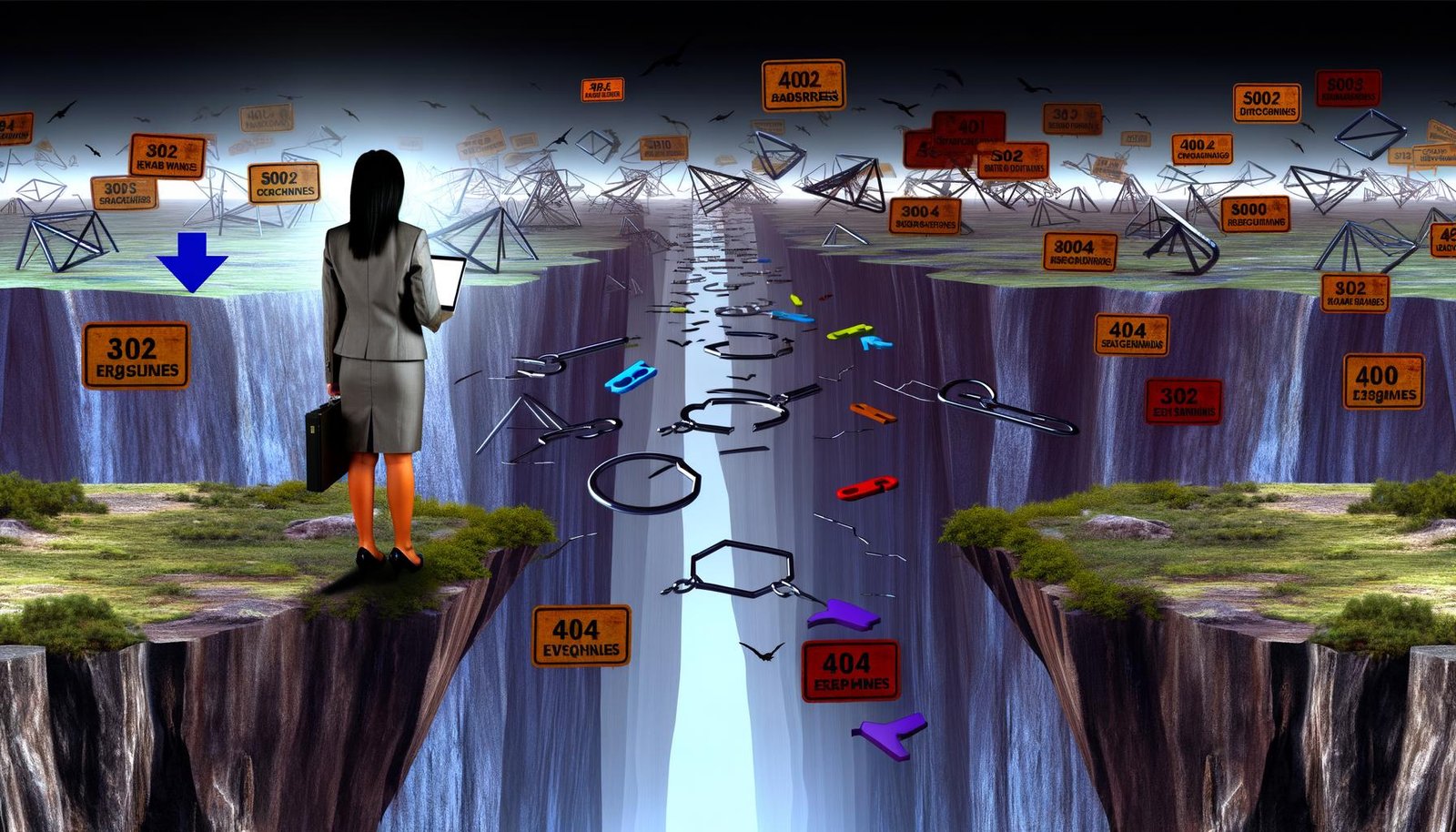 Geschäftsperson navigiert mit SEO-Planung eine digitale Klippe voller zerfallender Seiten und defekter SEO-Elemente hin zu einer stabilen, zukunftssicheren Website.