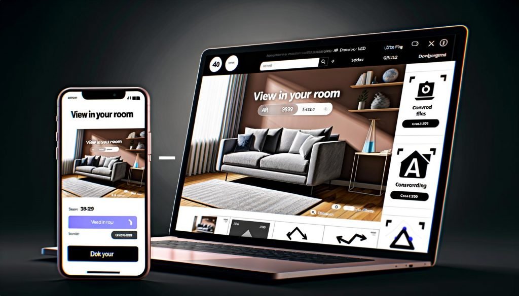 Moderne E-Commerce-Produktseite mit AR-Sofa auf Smartphone und Laptop, realistische Platzierung im Wohnzimmer, 3D-Dateien, Conversion-Chart und Onboarding-Tutorial.