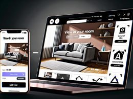 Moderne E-Commerce-Produktseite mit AR-Sofa auf Smartphone und Laptop, realistische Platzierung im Wohnzimmer, 3D-Dateien, Conversion-Chart und Onboarding-Tutorial.