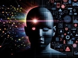 Illustration eines menschlichen Kopfes, halb Mensch, halb Daten, mit leuchtenden und dunklen Symbolen, umgeben von Business- und Marketing-Icons sowie futuristischen, bedrohlichen Elementen