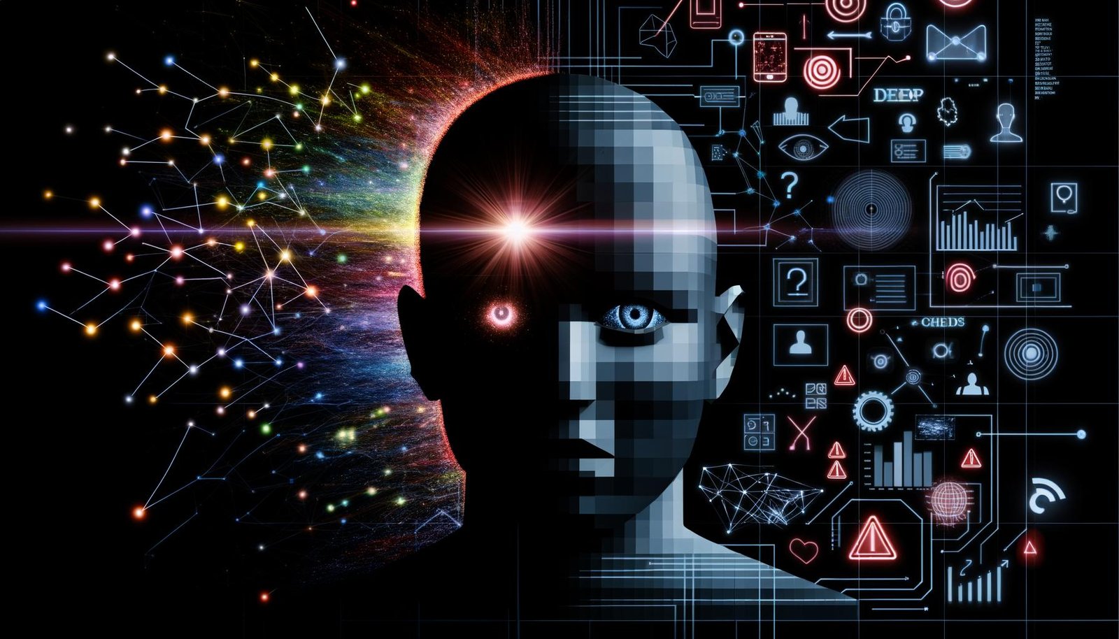 Illustration eines menschlichen Kopfes, halb Mensch, halb Daten, mit leuchtenden und dunklen Symbolen, umgeben von Business- und Marketing-Icons sowie futuristischen, bedrohlichen Elementen