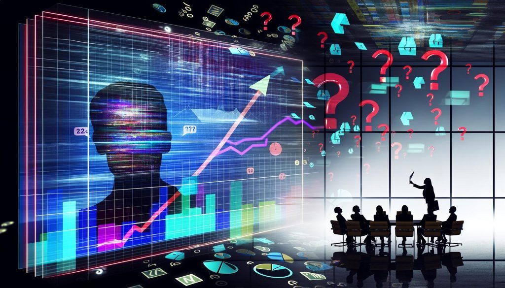 Person betrachtet Bordmeeting-Präsentation mit Prognose-Linien in abstraktem Büro, umgeben von zerbrechender Grafik, Datenpunkten und Warnsymbolen, mit schwebenden Statistikdiagrammen und Zahlencode im Hintergrund