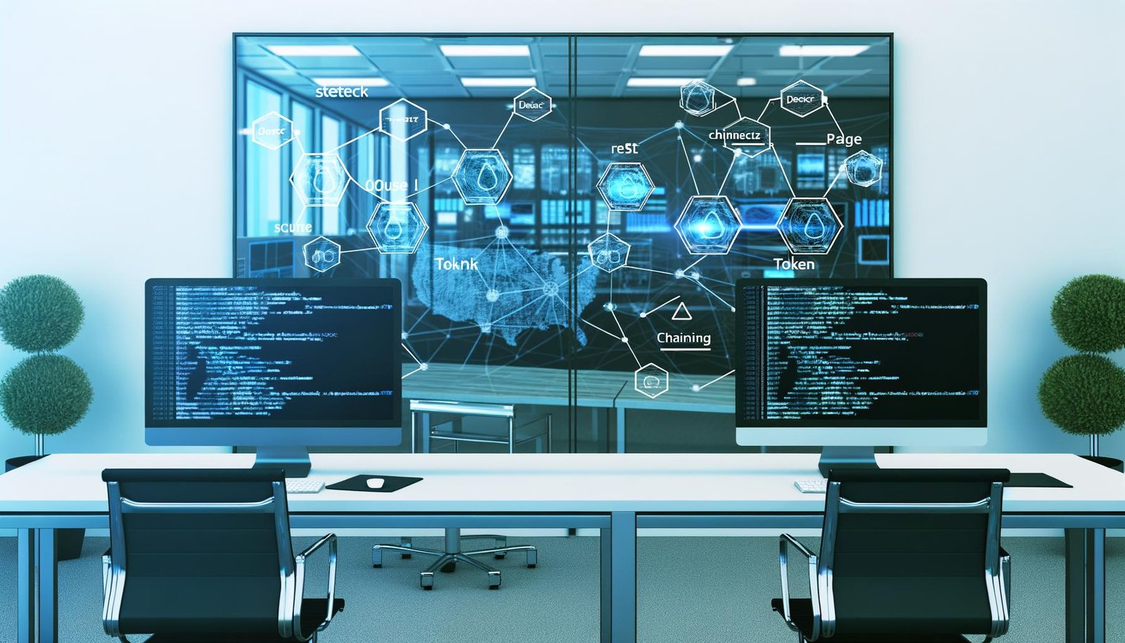 Futuristisches IT-Büro mit Monitoren, die komplexe API-Flows, Codezeilen und Monitoring-Dashboards darstellen, sowie ein Whiteboard mit Netzwerkskizzen im Hintergrund.