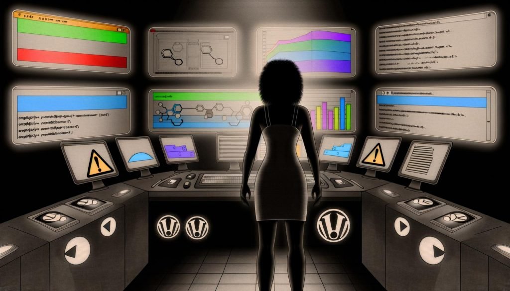 Webdesigner in einem modernen Kontrollraum analysiert SEO-Daten, URL-Weiterleitungen und Code auf mehreren Monitoren mit CMS-Logos und Warnhinweisen im Hintergrund.