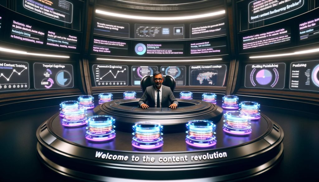 Mittlerer Marketer an einem geschwungenen Schreibtisch im futuristischen Command Center mit leuchtenden Bildschirmen, Datenvisualisierungen und holografischen Roboterarmen für automatisierte Content-Prozesse.