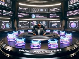 Mittlerer Marketer an einem geschwungenen Schreibtisch im futuristischen Command Center mit leuchtenden Bildschirmen, Datenvisualisierungen und holografischen Roboterarmen für automatisierte Content-Prozesse.