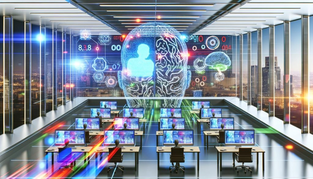Offenes Hightech-Büro mit Menschen und KI-Hologrammen an Bildschirmen, leuchtenden neuronalen Netzwerken und überdimensionaler Gehirn-Skulptur vor futuristischer Skyline
