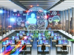 Offenes Hightech-Büro mit Menschen und KI-Hologrammen an Bildschirmen, leuchtenden neuronalen Netzwerken und überdimensionaler Gehirn-Skulptur vor futuristischer Skyline