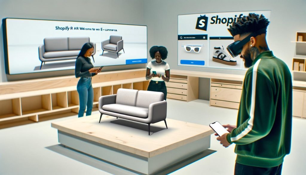 Zwei Personen betrachten ein schwebendes 3D-Möbelstück im AR-Modus über ihre Smartphones in einem modernen, minimalistischen Studio mit großen Bildschirmen im Hintergrund.