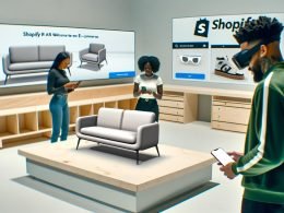 Zwei Personen betrachten ein schwebendes 3D-Möbelstück im AR-Modus über ihre Smartphones in einem modernen, minimalistischen Studio mit großen Bildschirmen im Hintergrund.