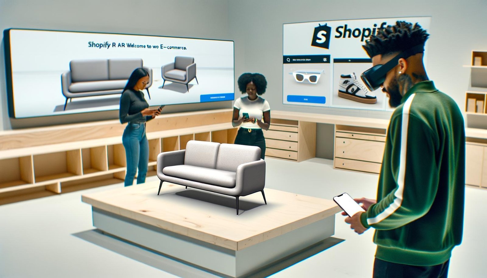 Zwei Personen betrachten ein schwebendes 3D-Möbelstück im AR-Modus über ihre Smartphones in einem modernen, minimalistischen Studio mit großen Bildschirmen im Hintergrund.