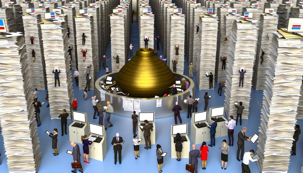 Menschen in Businesskleidung kämpfen sich durch papierüberladene Bürolandschaft mit goldener Fördertopf in der Mitte, digitalen Tools und kafkaesken Masken.