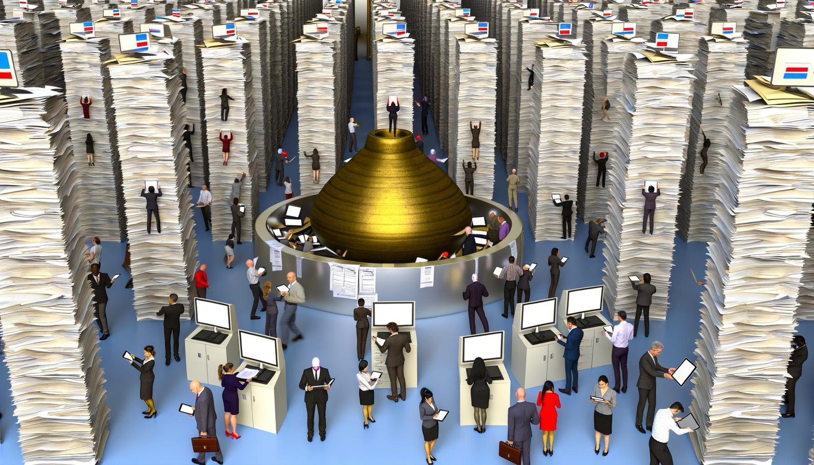 Menschen in Businesskleidung kämpfen sich durch papierüberladene Bürolandschaft mit goldener Fördertopf in der Mitte, digitalen Tools und kafkaesken Masken.