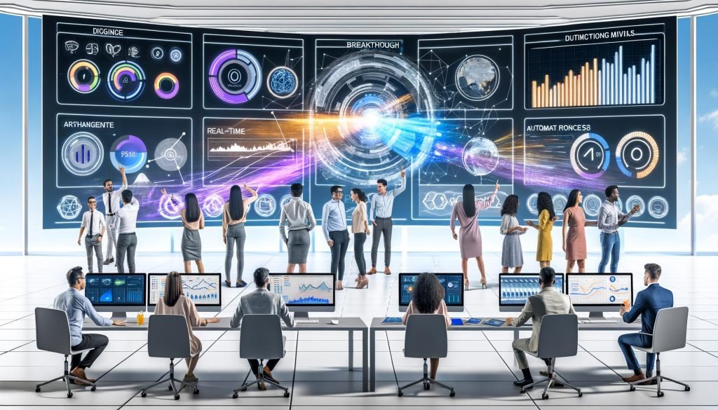 Dynamische Online-Marketing-Teamszene im futuristischen Büro mit großen Bildschirmen, Dashboards, KPIs und Automatisierungstools wie Google Analytics 4, Tableau und Python-Notebooks.