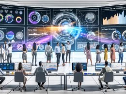 Dynamische Online-Marketing-Teamszene im futuristischen Büro mit großen Bildschirmen, Dashboards, KPIs und Automatisierungstools wie Google Analytics 4, Tableau und Python-Notebooks.