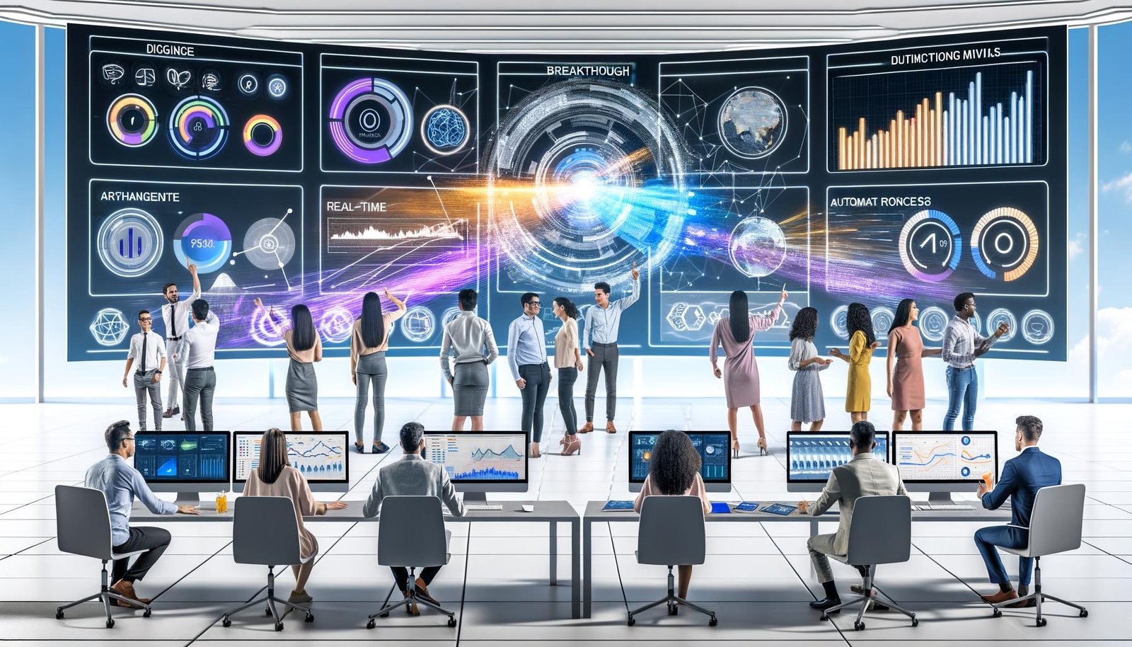 Dynamische Online-Marketing-Teamszene im futuristischen Büro mit großen Bildschirmen, Dashboards, KPIs und Automatisierungstools wie Google Analytics 4, Tableau und Python-Notebooks.
