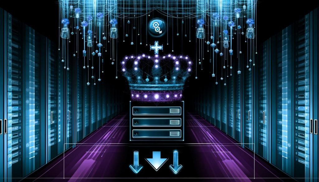 Düster-moderner Serverraum mit leuchtenden Datenlinien, API-Icons, Zahnrädern, einer digitalen Krone und einem schwebenden Warnsymbol, gestaltet in Cyan und Violett.