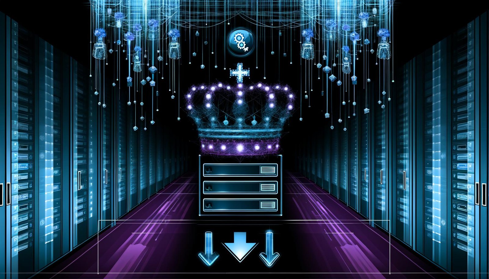 Düster-moderner Serverraum mit leuchtenden Datenlinien, API-Icons, Zahnrädern, einer digitalen Krone und einem schwebenden Warnsymbol, gestaltet in Cyan und Violett.