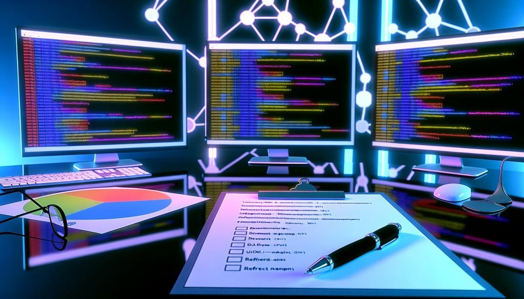 Moderner Arbeitsplatz mit mehreren Monitoren, die komplexe Redirect-Mapping-Tools und Warnungen zeigen, vorne Checkliste und Reports für einen SEO-Website-Relaunch.