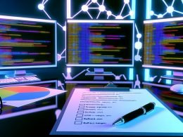 Moderner Arbeitsplatz mit mehreren Monitoren, die komplexe Redirect-Mapping-Tools und Warnungen zeigen, vorne Checkliste und Reports für einen SEO-Website-Relaunch.