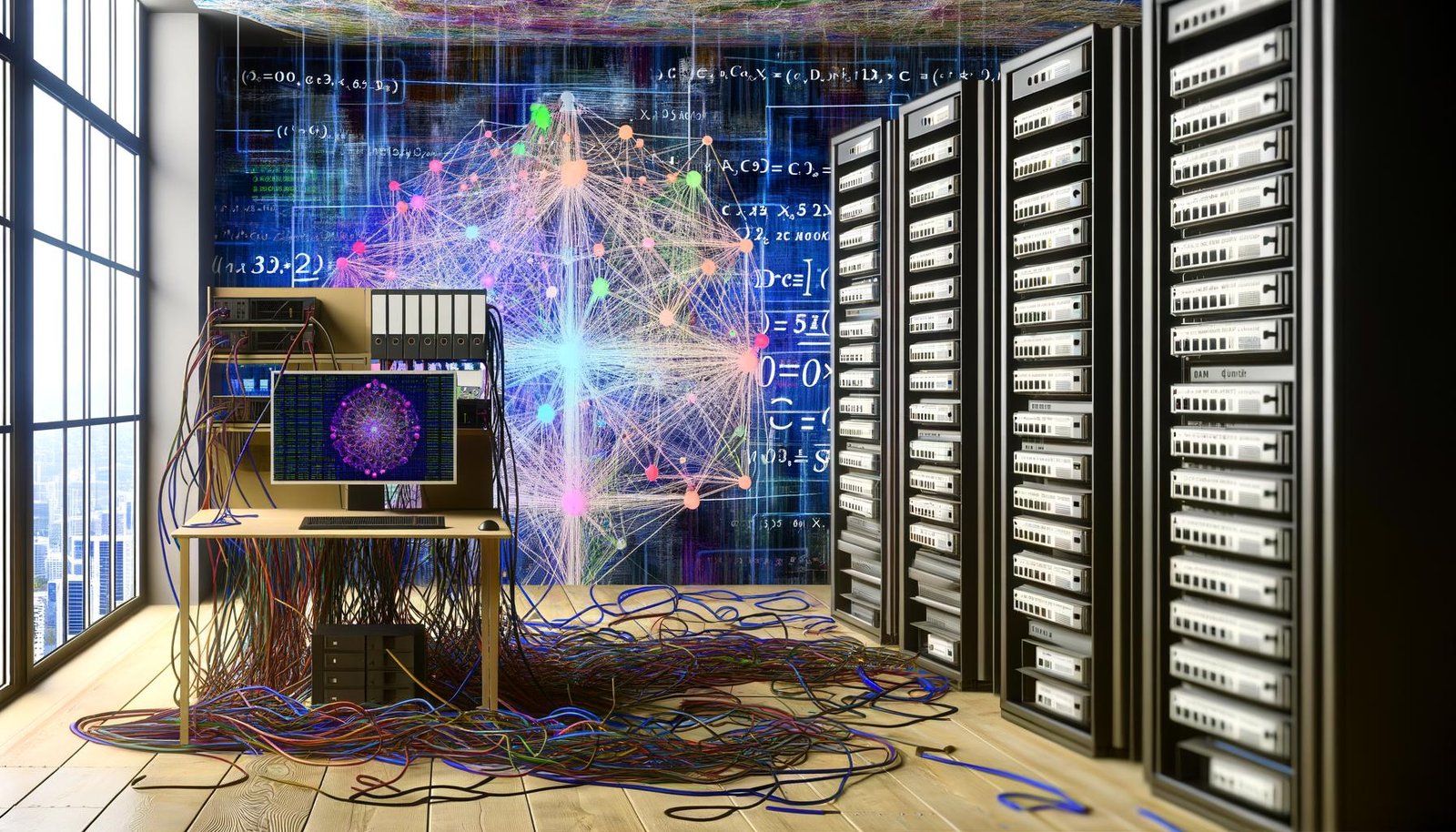 Metaphorische Illustration eines chaotischen Digital-Workspaces mit Server-Racks, verknoteten Kabeln, Code, mathematischen Formeln und einem zentralen neuralen Netzwerkdiagramm zwischen Datenwolken und mit 'Features', 'Training' und 'Validation' beschrifteten Ordnern.