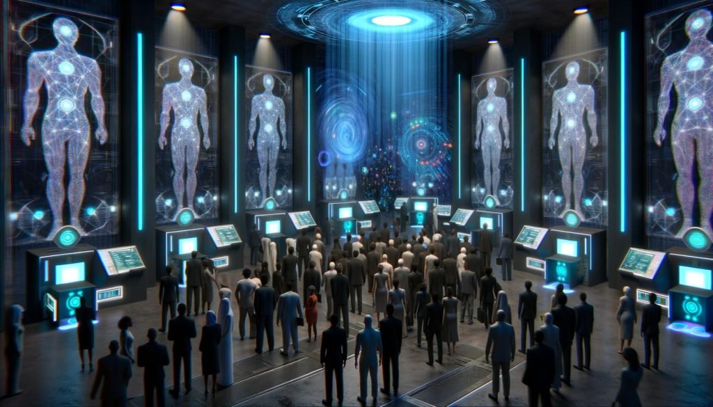 Futuristischer, dunkler Kontrollraum mit digitalen Toren, Anzugträgern, KI-Silhouetten und wartenden LinkedIn-Nutzern vor überwachenden Bildschirmen.