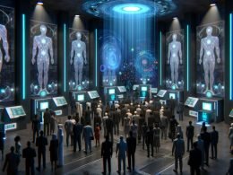 Futuristischer, dunkler Kontrollraum mit digitalen Toren, Anzugträgern, KI-Silhouetten und wartenden LinkedIn-Nutzern vor überwachenden Bildschirmen.