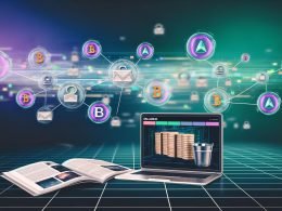 Futuristischer Arbeitsplatz mit Shopify Dashboard auf Laptop, umgeben von Hologrammen aus Blockchain-Symbolen, Token-Coins und NFT-Artworks vor neonleuchtenden, vernetzten Datenströmen.