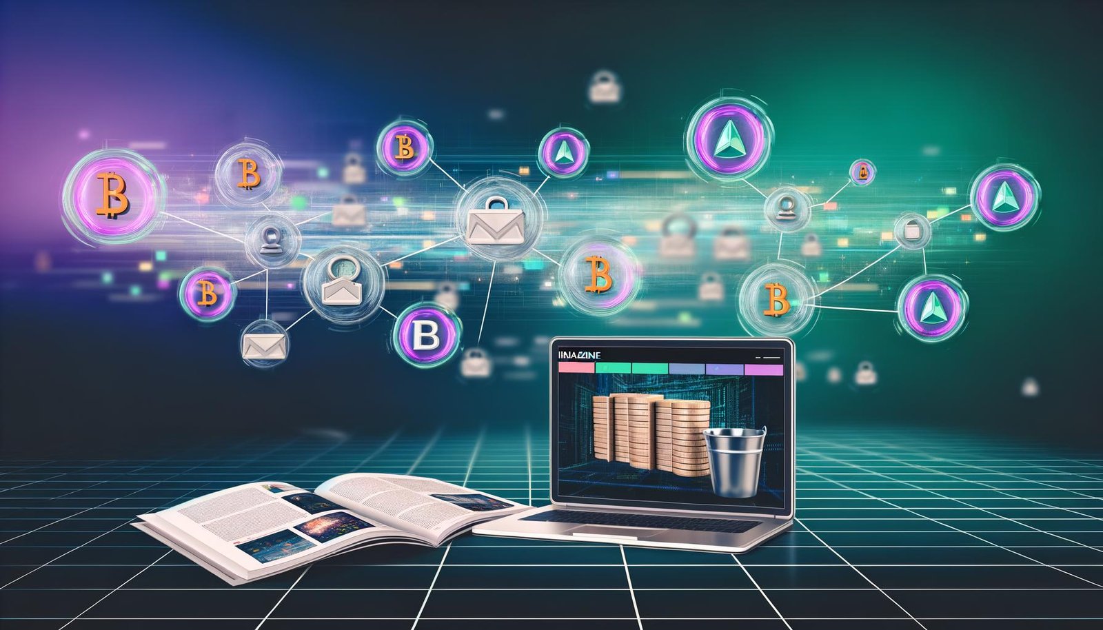 Futuristischer Arbeitsplatz mit Shopify Dashboard auf Laptop, umgeben von Hologrammen aus Blockchain-Symbolen, Token-Coins und NFT-Artworks vor neonleuchtenden, vernetzten Datenströmen.