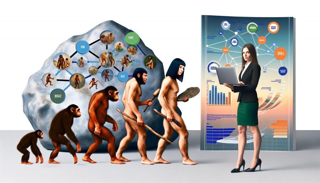 Illustration einer Höhlenmalerei-Ästhetik: Links ein Neandertaler mit Werkzeug vor einem Datenfelsen, rechts eine moderne Analystin mit Laptop und Visualisierungen. Im Hintergrund digitale Diagramme und eine Evolution-Linie.