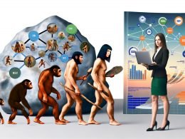 Illustration einer Höhlenmalerei-Ästhetik: Links ein Neandertaler mit Werkzeug vor einem Datenfelsen, rechts eine moderne Analystin mit Laptop und Visualisierungen. Im Hintergrund digitale Diagramme und eine Evolution-Linie.