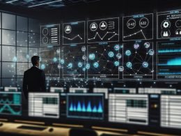 Hochkomplexer Maschinenraum-Kontrollraum mit großem Dashboard, das Live-Systemdaten, Warnmeldungen und Diagramme zeigt. Vorne arbeitet ein Operator an mehreren Monitoren. Im Hintergrund leuchten dunkle, abstrakte Netzwerkstrukturen.