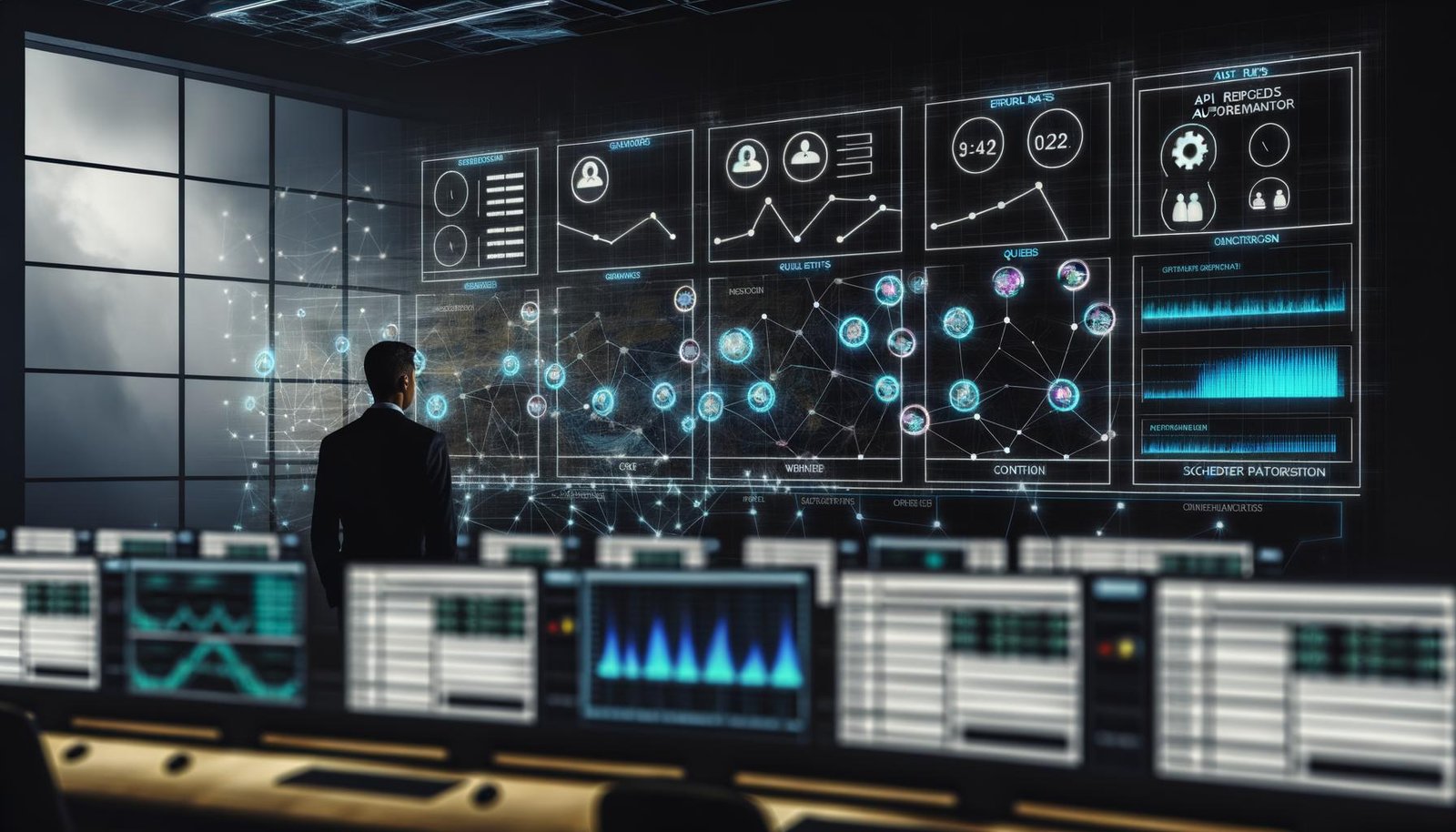 Hochkomplexer Maschinenraum-Kontrollraum mit großem Dashboard, das Live-Systemdaten, Warnmeldungen und Diagramme zeigt. Vorne arbeitet ein Operator an mehreren Monitoren. Im Hintergrund leuchten dunkle, abstrakte Netzwerkstrukturen.