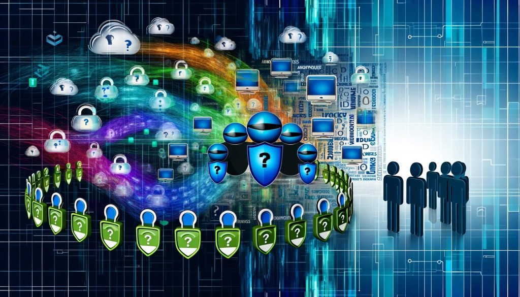 Moderne digitale Illustration mit leuchtenden Datenflüssen, technischen Icons, anonymen Avataren und einer Gegenüberstellung von Datenschutzwächtern und Marketingfiguren.